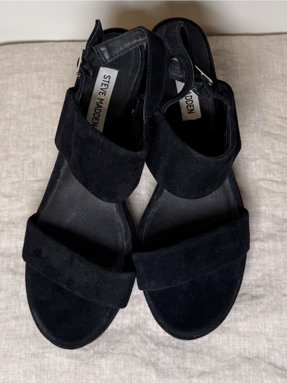 Steve Madden Reba Black Suede Two-Band Slingback Platform Heels - Picture 2 of 6